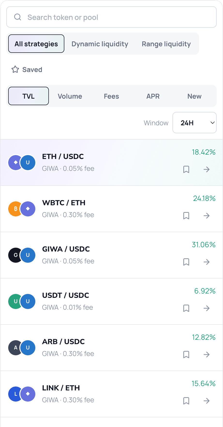 Ammora markets interface showing pools sorted by TVL, volume, fees, and APR