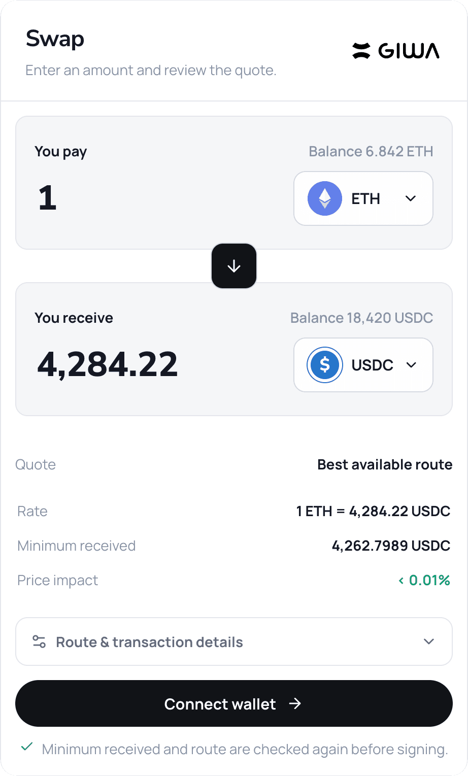 Ammora swap interface showing token amounts, quote, rate, and route details